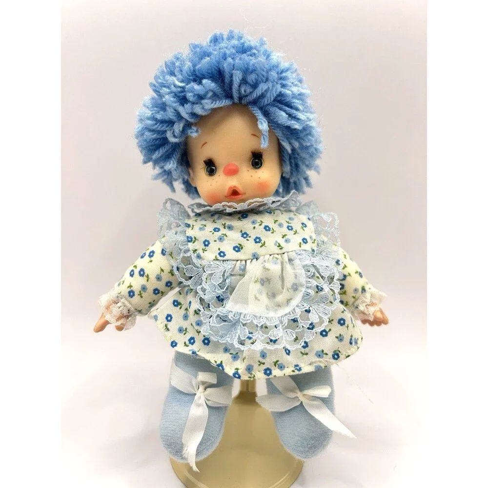 Vintage Cean Toys Doll Blue Yarn Hair 7" Plush Floral Dress Baby Doll 80's - Picture 2 of 15